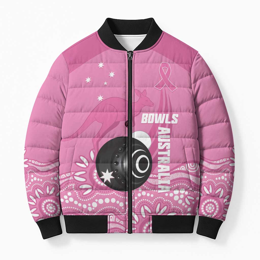 Custom Bowls Australia Breast Cancer Bomber Puffer Jacket Pink Ribbon Kangaroo Aboriginal Art - Aussie Hoodie