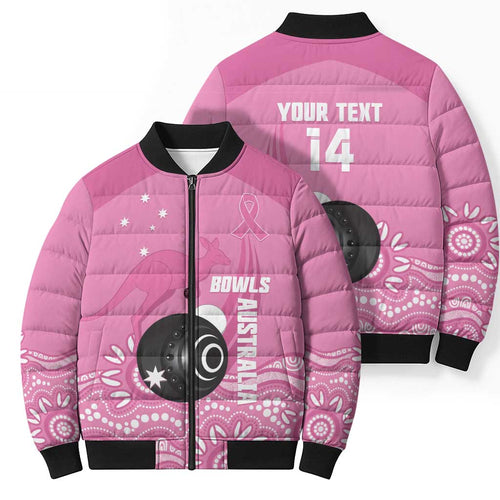 Custom Bowls Australia Breast Cancer Bomber Puffer Jacket Pink Ribbon Kangaroo Aboriginal Art - Aussie Hoodie
