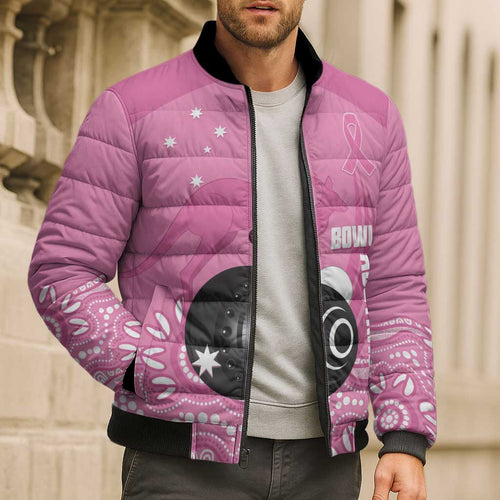 Custom Bowls Australia Breast Cancer Bomber Puffer Jacket Pink Ribbon Kangaroo Aboriginal Art - Aussie Hoodie