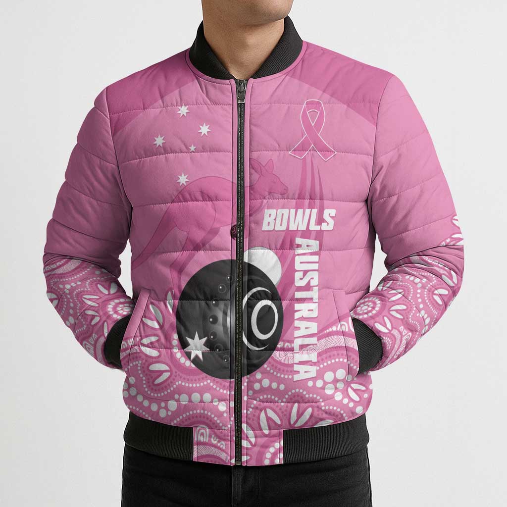 Custom Bowls Australia Breast Cancer Bomber Puffer Jacket Pink Ribbon Kangaroo Aboriginal Art - Aussie Hoodie