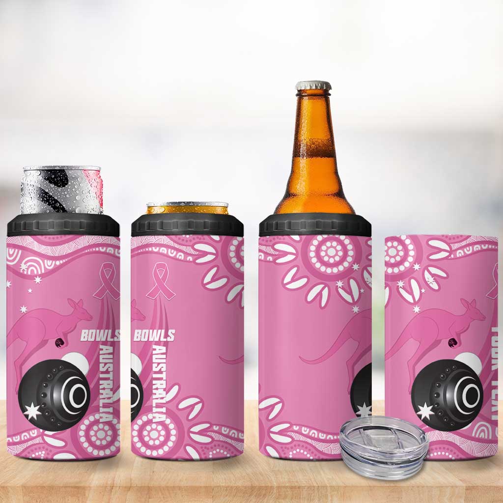 Custom Bowls Australia Breast Cancer 4 in 1 Can Cooler Tumbler Pink Ribbon Kangaroo Aboriginal Art - Aussie Hoodie