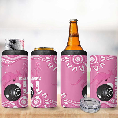 Custom Bowls Australia Breast Cancer 4 in 1 Can Cooler Tumbler Pink Ribbon Kangaroo Aboriginal Art - Aussie Hoodie
