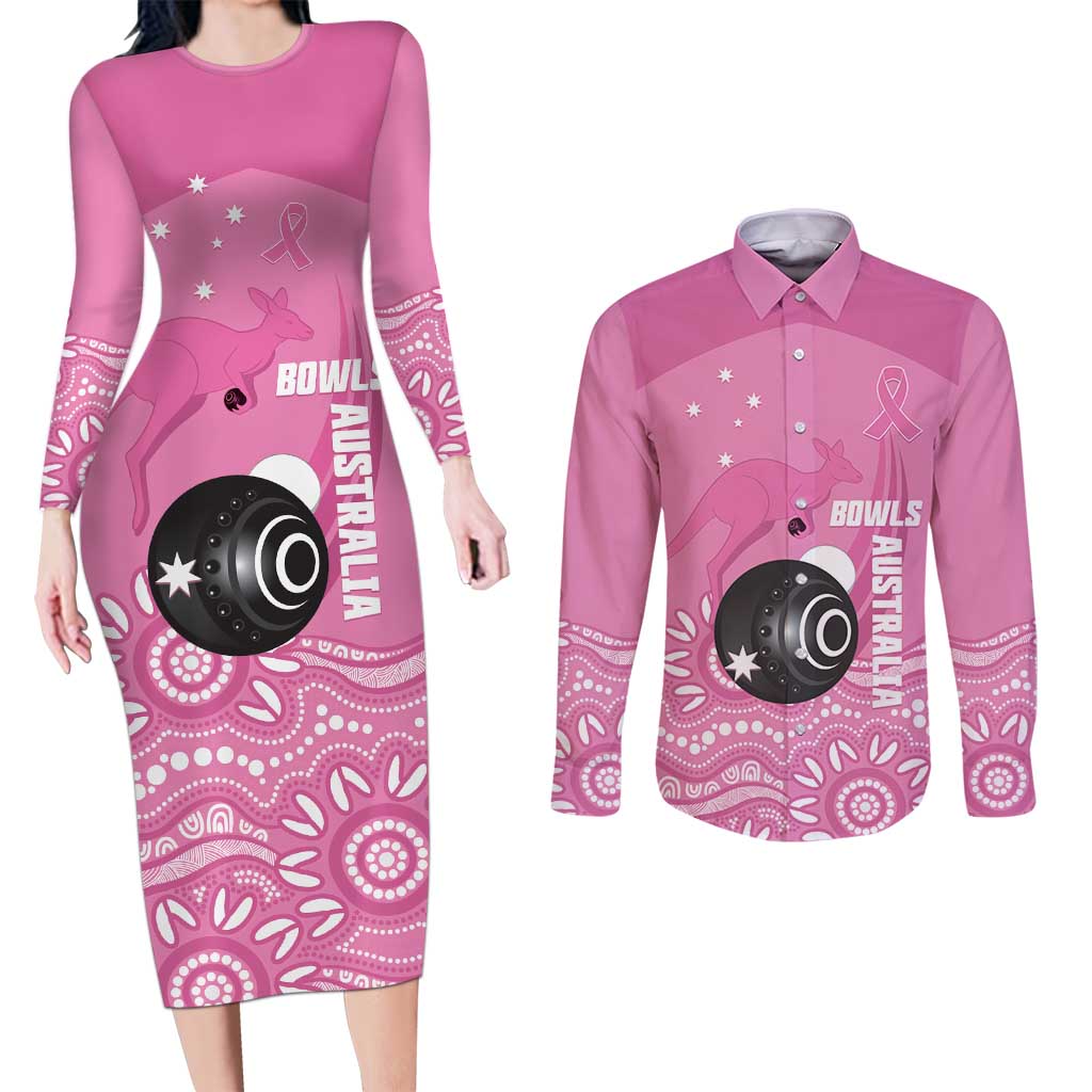 Custom Bowls Australia Breast Cancer Couples Matching Long Sleeve Bodycon Dress and Long Sleeve Button Shirt Pink Ribbon Kangaroo Aboriginal Art - Aussie Hoodie