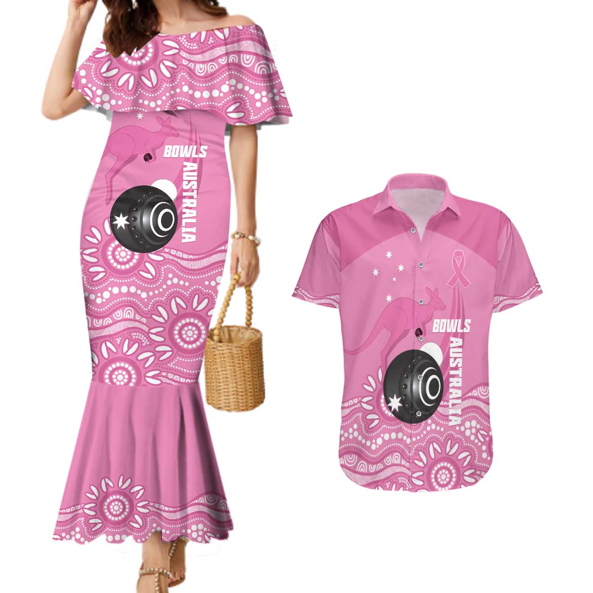 Custom Bowls Australia Breast Cancer Couples Matching Mermaid Dress and Hawaiian Shirt Pink Ribbon Kangaroo Aboriginal Art - Aussie Hoodie