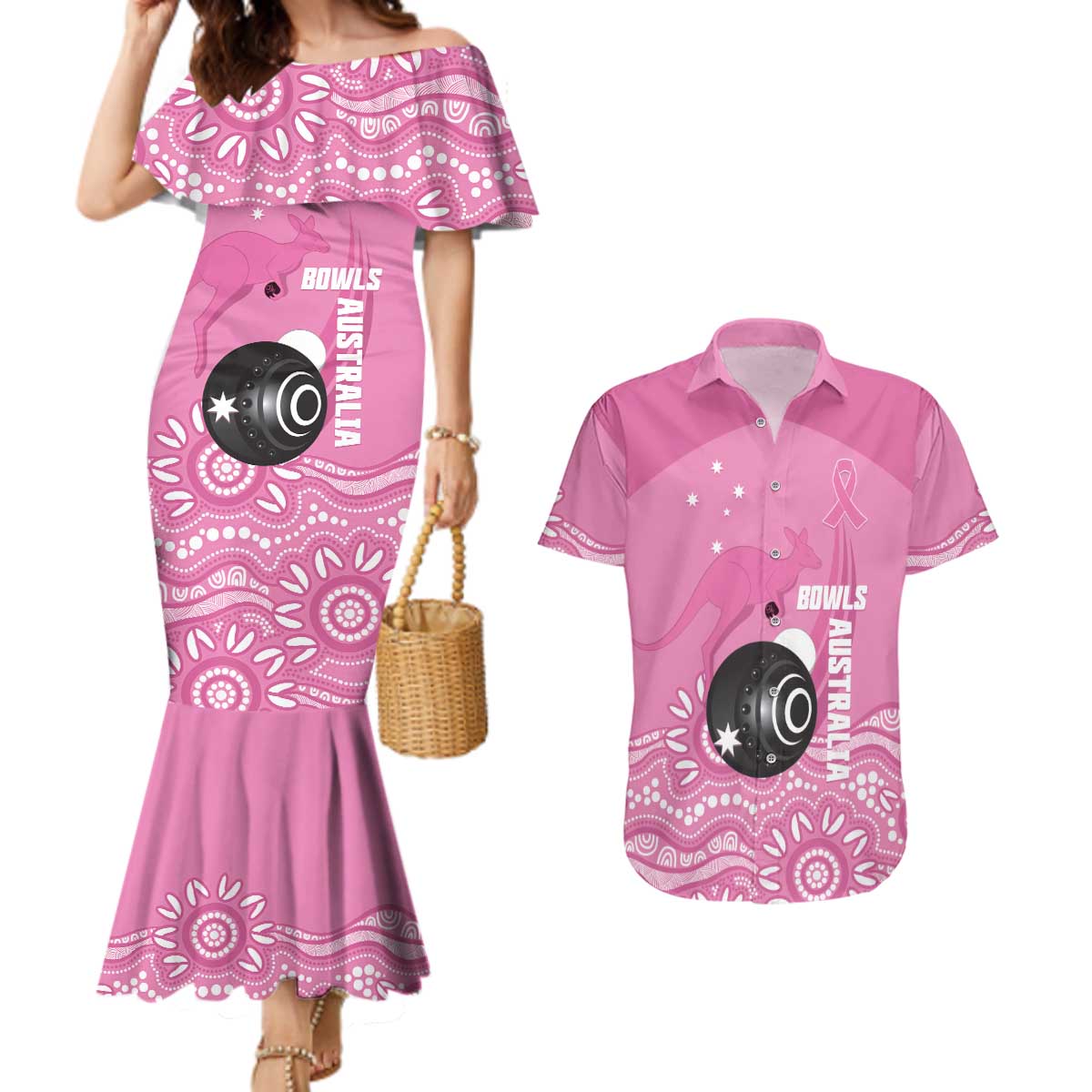 Custom Bowls Australia Breast Cancer Couples Matching Mermaid Dress and Hawaiian Shirt Pink Ribbon Kangaroo Aboriginal Art - Aussie Hoodie