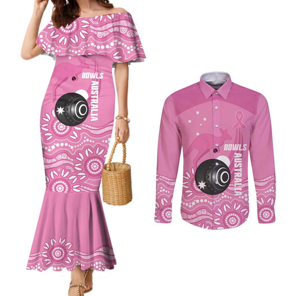 Custom Bowls Australia Breast Cancer Couples Matching Mermaid Dress and Long Sleeve Button Shirt Pink Ribbon Kangaroo Aboriginal Art - Aussie Hoodie