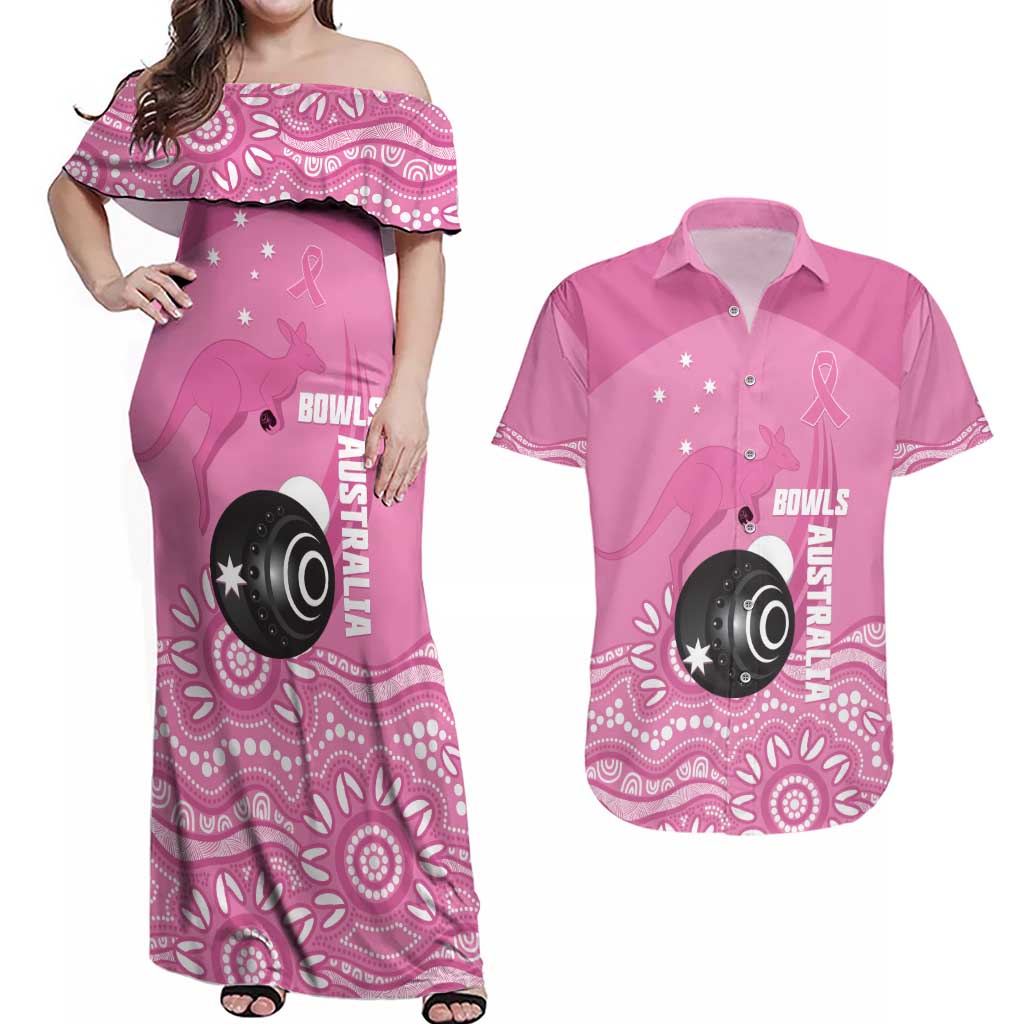 Custom Bowls Australia Breast Cancer Couples Matching Off Shoulder Maxi Dress and Hawaiian Shirt Pink Ribbon Kangaroo Aboriginal Art - Aussie Hoodie