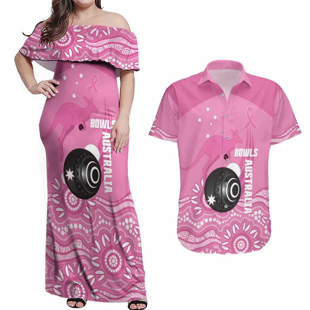 Custom Bowls Australia Breast Cancer Couples Matching Off Shoulder Maxi Dress and Hawaiian Shirt Pink Ribbon Kangaroo Aboriginal Art - Aussie Hoodie