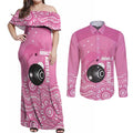Custom Bowls Australia Breast Cancer Couples Matching Off Shoulder Maxi Dress and Long Sleeve Button Shirt Pink Ribbon Kangaroo Aboriginal Art - Aussie Hoodie