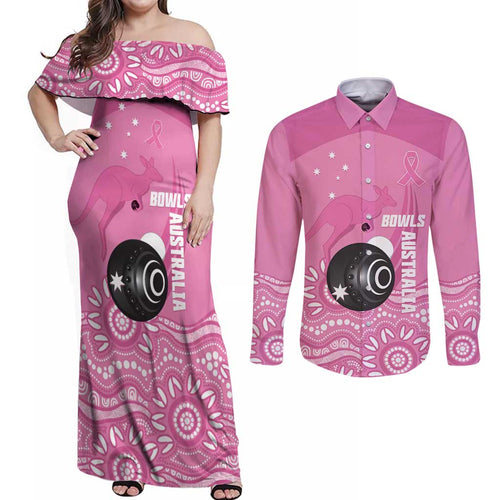 Custom Bowls Australia Breast Cancer Couples Matching Off Shoulder Maxi Dress and Long Sleeve Button Shirt Pink Ribbon Kangaroo Aboriginal Art - Aussie Hoodie