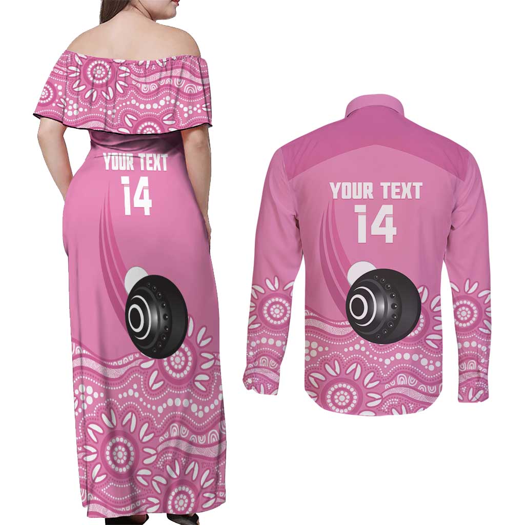 Custom Bowls Australia Breast Cancer Couples Matching Off Shoulder Maxi Dress and Long Sleeve Button Shirt Pink Ribbon Kangaroo Aboriginal Art - Aussie Hoodie