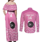 Custom Bowls Australia Breast Cancer Couples Matching Off Shoulder Maxi Dress and Long Sleeve Button Shirt Pink Ribbon Kangaroo Aboriginal Art - Aussie Hoodie