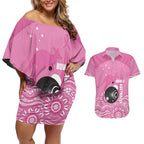 Custom Bowls Australia Breast Cancer Couples Matching Off Shoulder Short Dress and Hawaiian Shirt Pink Ribbon Kangaroo Aboriginal Art - Aussie Hoodie