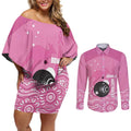 Custom Bowls Australia Breast Cancer Couples Matching Off Shoulder Short Dress and Long Sleeve Button Shirt Pink Ribbon Kangaroo Aboriginal Art - Aussie Hoodie