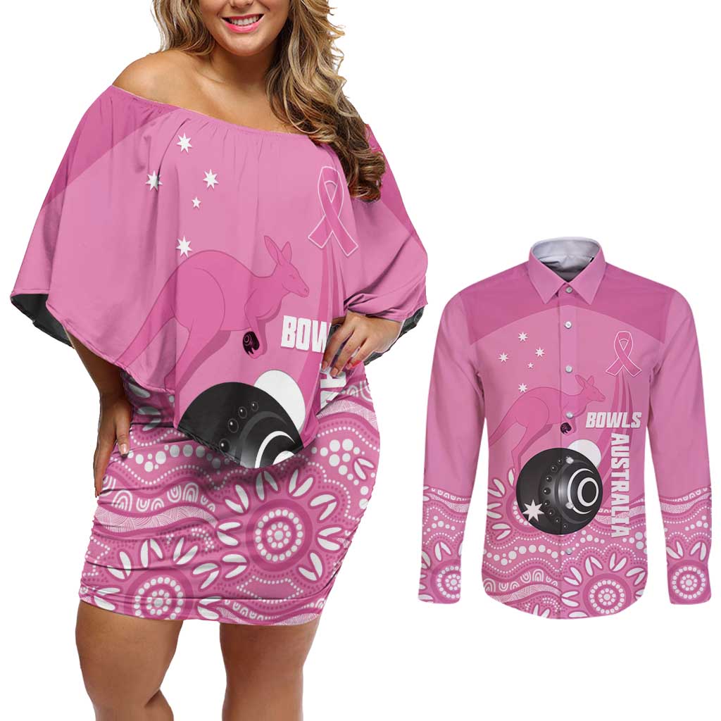 Custom Bowls Australia Breast Cancer Couples Matching Off Shoulder Short Dress and Long Sleeve Button Shirt Pink Ribbon Kangaroo Aboriginal Art - Aussie Hoodie