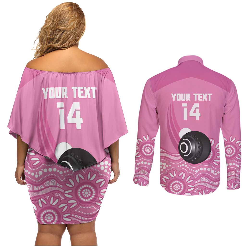 Custom Bowls Australia Breast Cancer Couples Matching Off Shoulder Short Dress and Long Sleeve Button Shirt Pink Ribbon Kangaroo Aboriginal Art - Aussie Hoodie
