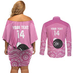 Custom Bowls Australia Breast Cancer Couples Matching Off Shoulder Short Dress and Long Sleeve Button Shirt Pink Ribbon Kangaroo Aboriginal Art - Aussie Hoodie