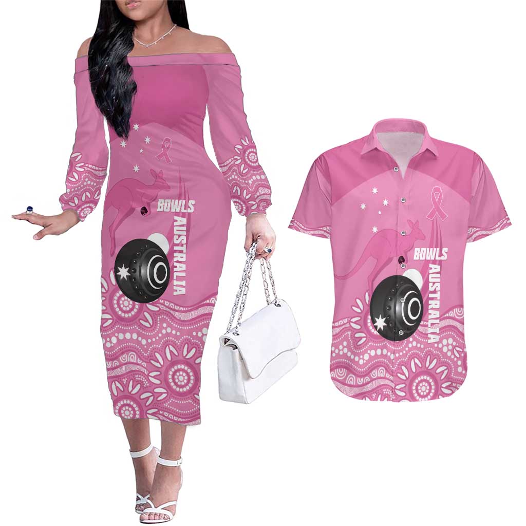 Custom Bowls Australia Breast Cancer Couples Matching Off The Shoulder Long Sleeve Dress and Hawaiian Shirt Pink Ribbon Kangaroo Aboriginal Art - Aussie Hoodie