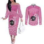 Custom Bowls Australia Breast Cancer Couples Matching Off The Shoulder Long Sleeve Dress and Long Sleeve Button Shirt Pink Ribbon Kangaroo Aboriginal Art - Aussie Hoodie