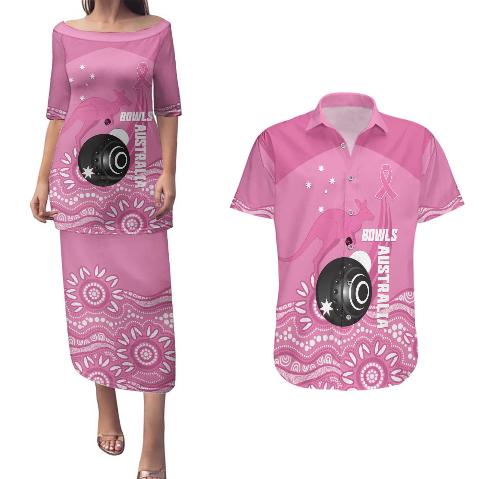 Custom Bowls Australia Breast Cancer Couples Matching Puletasi and Hawaiian Shirt Pink Ribbon Kangaroo Aboriginal Art - Aussie Hoodie