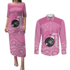 Custom Bowls Australia Breast Cancer Couples Matching Puletasi and Long Sleeve Button Shirt Pink Ribbon Kangaroo Aboriginal Art - Aussie Hoodie