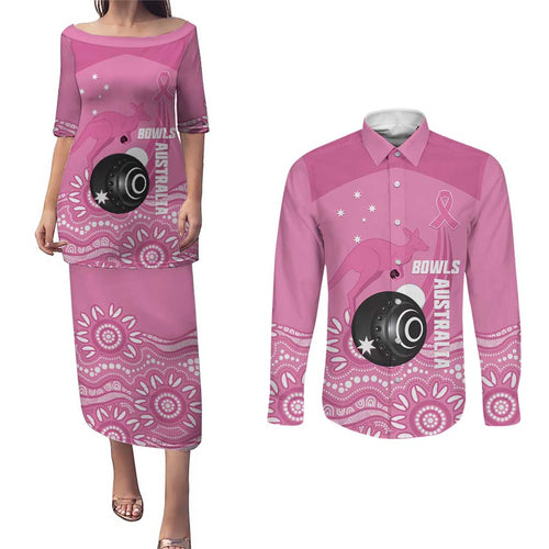 Custom Bowls Australia Breast Cancer Couples Matching Puletasi and Long Sleeve Button Shirt Pink Ribbon Kangaroo Aboriginal Art - Aussie Hoodie