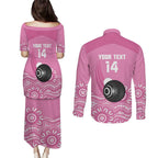 Custom Bowls Australia Breast Cancer Couples Matching Puletasi and Long Sleeve Button Shirt Pink Ribbon Kangaroo Aboriginal Art - Aussie Hoodie