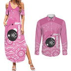 Custom Bowls Australia Breast Cancer Couples Matching Summer Maxi Dress and Long Sleeve Button Shirt Pink Ribbon Kangaroo Aboriginal Art - Aussie Hoodie