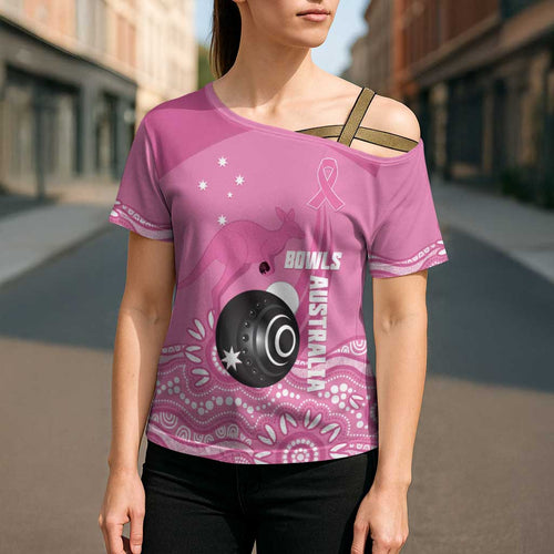 Custom Bowls Australia Breast Cancer Cross Shoulder Shirt Pink Ribbon Kangaroo Aboriginal Art - Aussie Hoodie