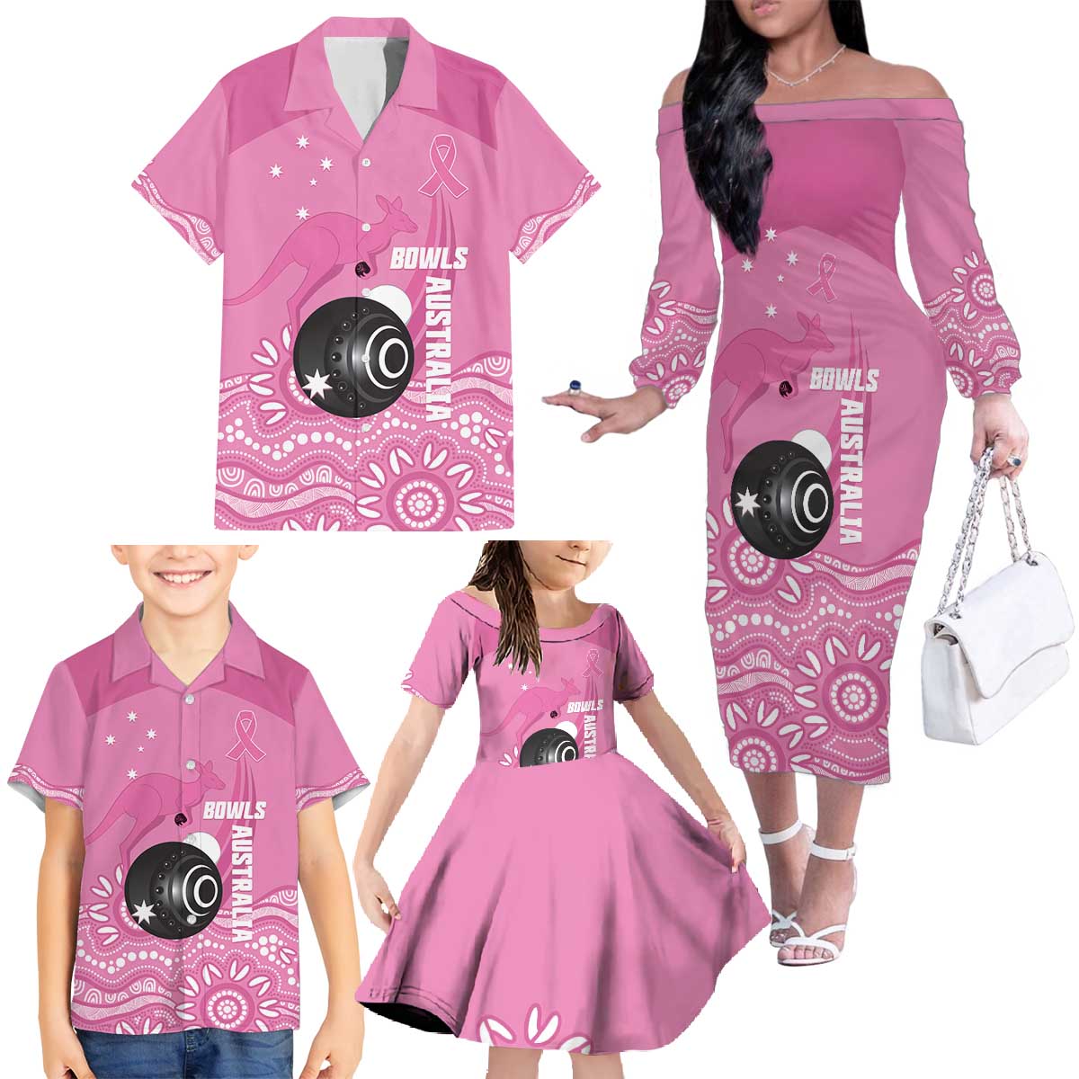 Custom Bowls Australia Breast Cancer Family Matching Off The Shoulder Long Sleeve Dress and Hawaiian Shirt Pink Ribbon Kangaroo Aboriginal Art - Aussie Hoodie