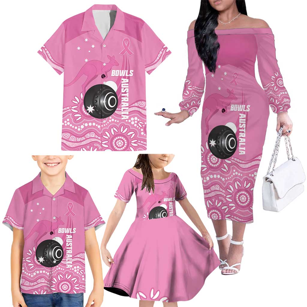 Custom Bowls Australia Breast Cancer Family Matching Off The Shoulder Long Sleeve Dress and Hawaiian Shirt Pink Ribbon Kangaroo Aboriginal Art - Aussie Hoodie