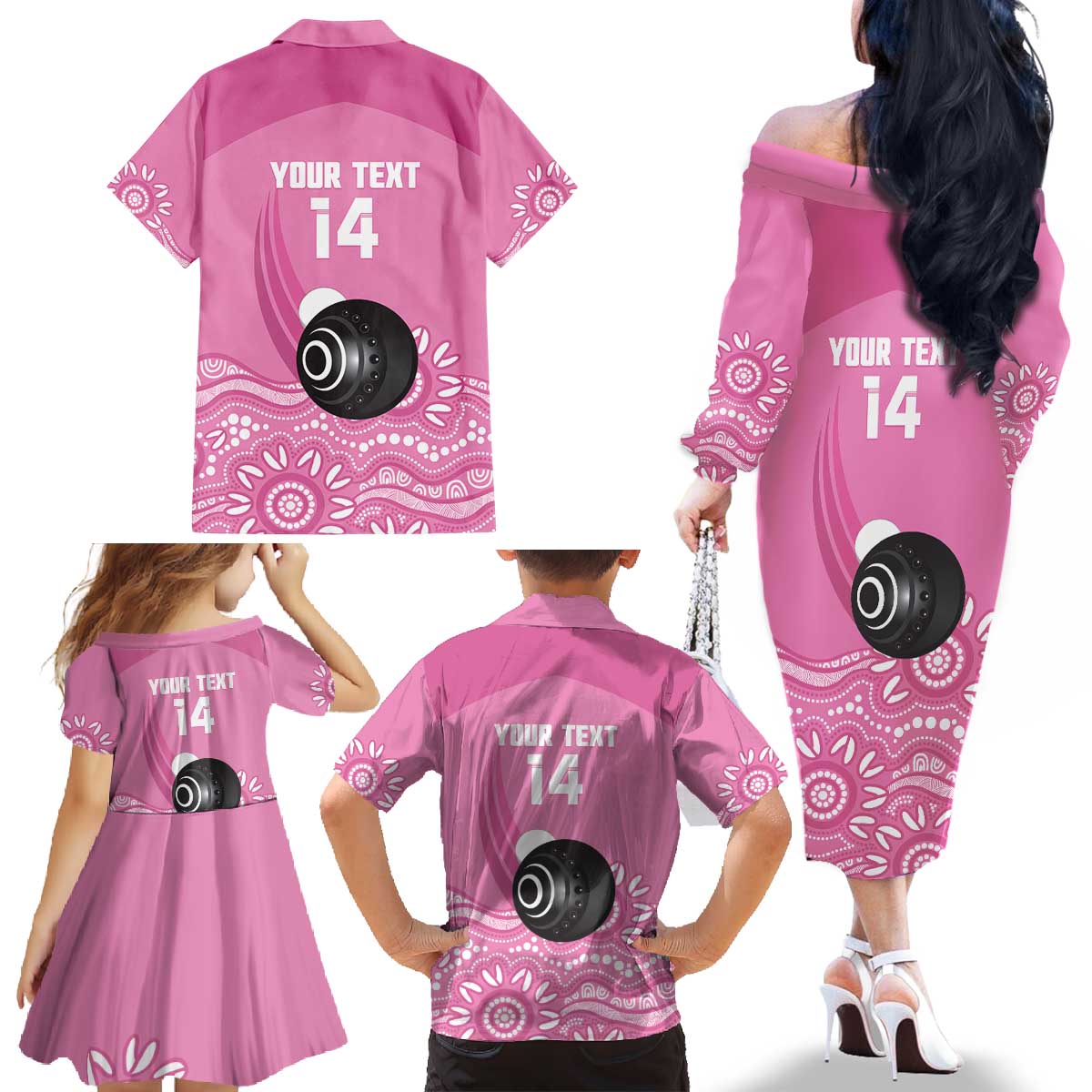 Custom Bowls Australia Breast Cancer Family Matching Off The Shoulder Long Sleeve Dress and Hawaiian Shirt Pink Ribbon Kangaroo Aboriginal Art - Aussie Hoodie