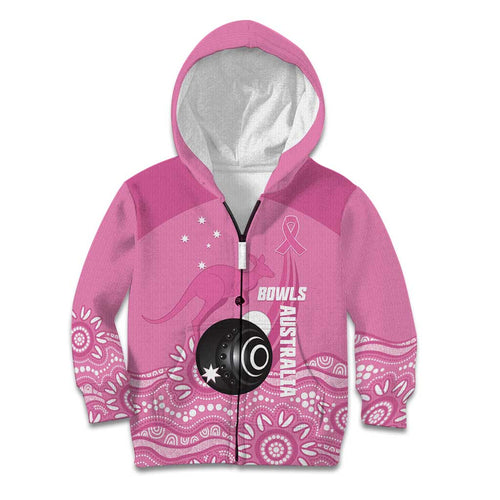 Custom Bowls Australia Breast Cancer Kid Hoodie Pink Ribbon Kangaroo Aboriginal Art - Aussie Hoodie
