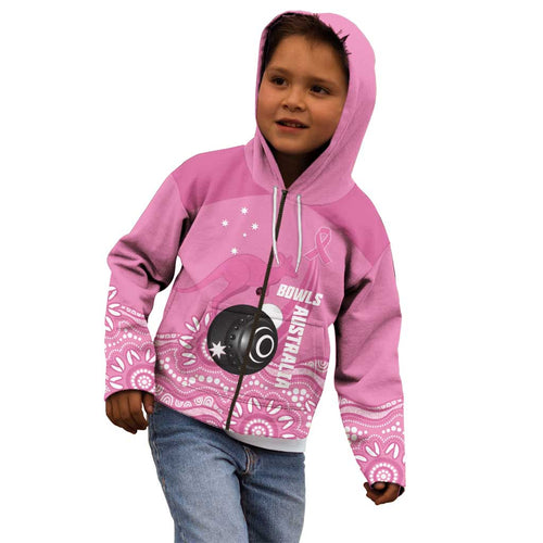 Custom Bowls Australia Breast Cancer Kid Hoodie Pink Ribbon Kangaroo Aboriginal Art - Aussie Hoodie