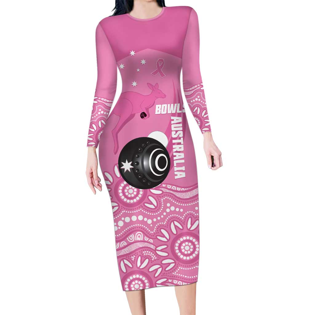 Custom Bowls Australia Breast Cancer Long Sleeve Bodycon Dress Pink Ribbon Kangaroo Aboriginal Art - Aussie Hoodie
