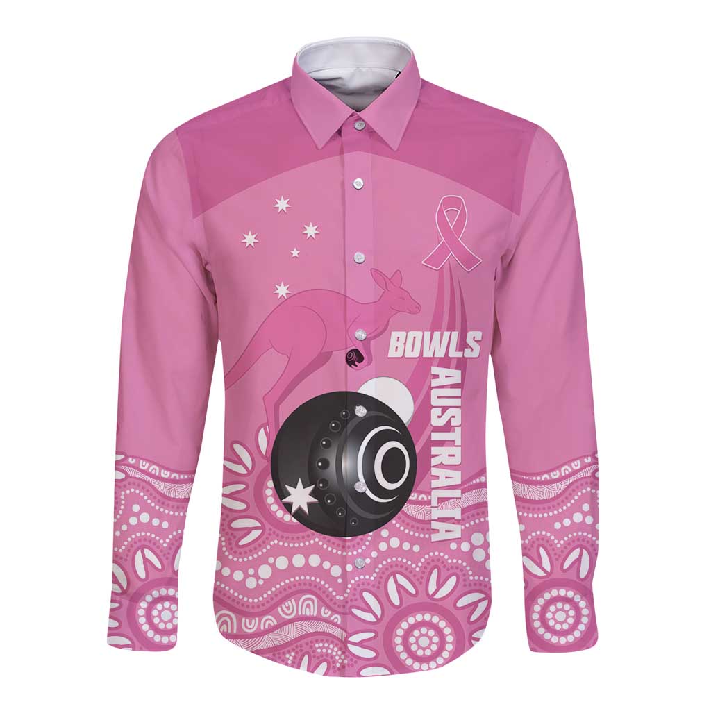 Custom Bowls Australia Breast Cancer Long Sleeve Button Shirt Pink Ribbon Kangaroo Aboriginal Art - Aussie Hoodie
