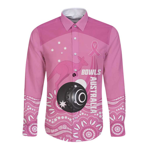 Custom Bowls Australia Breast Cancer Long Sleeve Button Shirt Pink Ribbon Kangaroo Aboriginal Art - Aussie Hoodie