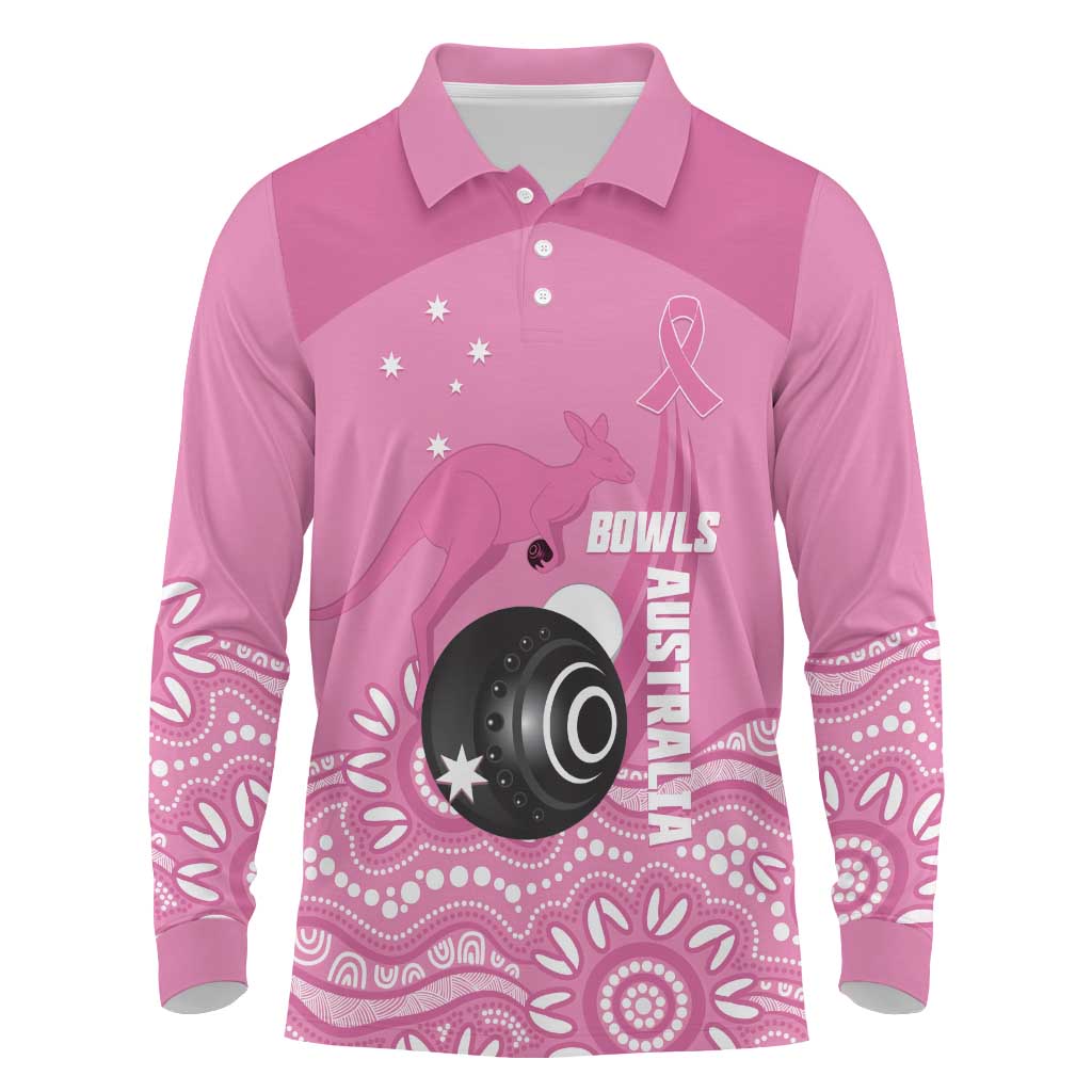Custom Bowls Australia Breast Cancer Long Sleeve Polo Shirt Pink Ribbon Kangaroo Aboriginal Art - Aussie Hoodie