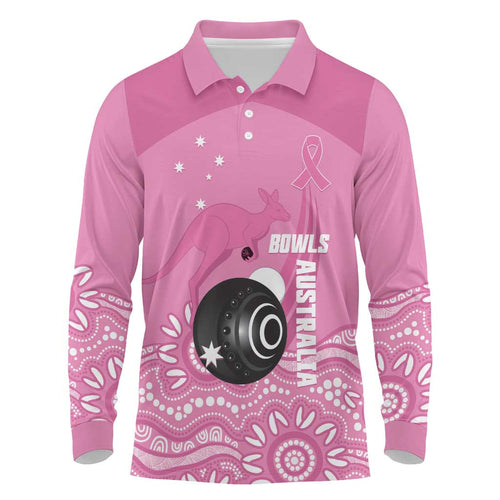 Custom Bowls Australia Breast Cancer Long Sleeve Polo Shirt Pink Ribbon Kangaroo Aboriginal Art - Aussie Hoodie