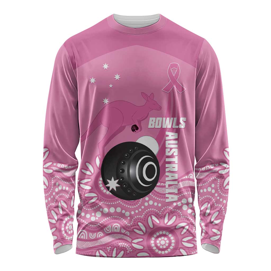 Custom Bowls Australia Breast Cancer Long Sleeve Shirt Pink Ribbon Kangaroo Aboriginal Art - Aussie Hoodie