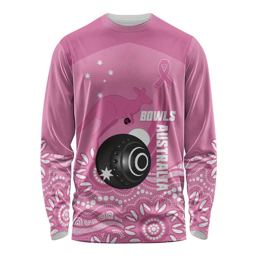 Custom Bowls Australia Breast Cancer Long Sleeve Shirt Pink Ribbon Kangaroo Aboriginal Art - Aussie Hoodie