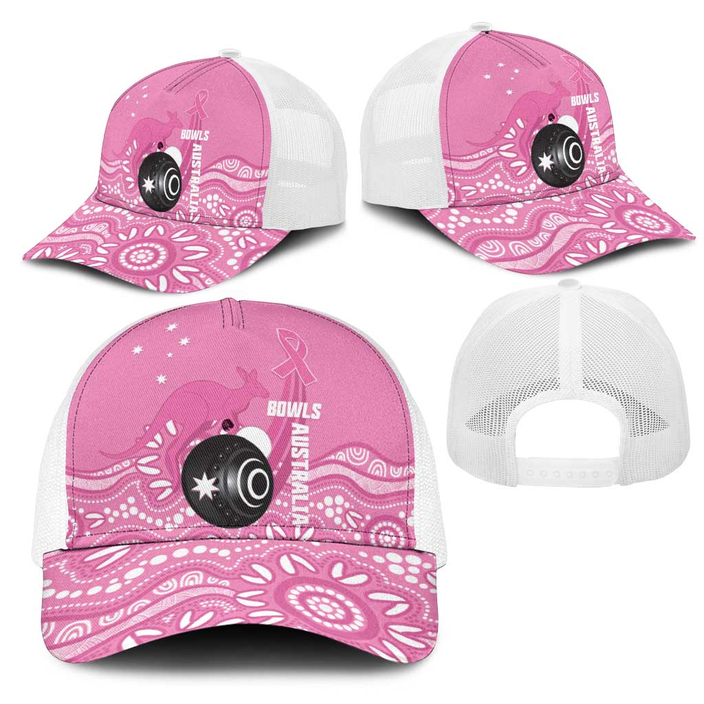 Bowls Australia Breast Cancer Mesh Trucker Cap Pink Ribbon Kangaroo Aboriginal Art - Aussie Hoodie