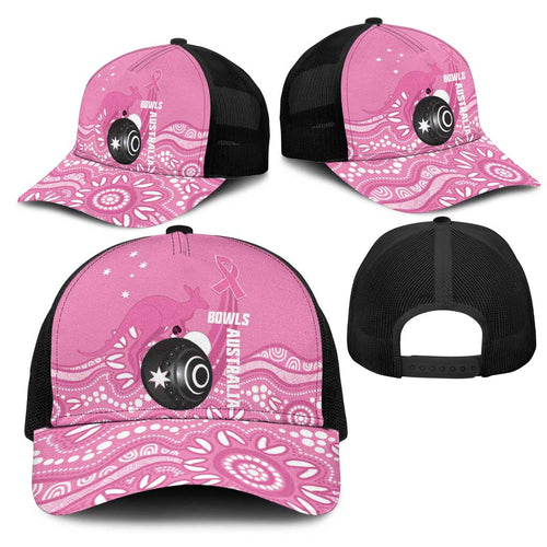 Bowls Australia Breast Cancer Mesh Trucker Cap Pink Ribbon Kangaroo Aboriginal Art - Aussie Hoodie
