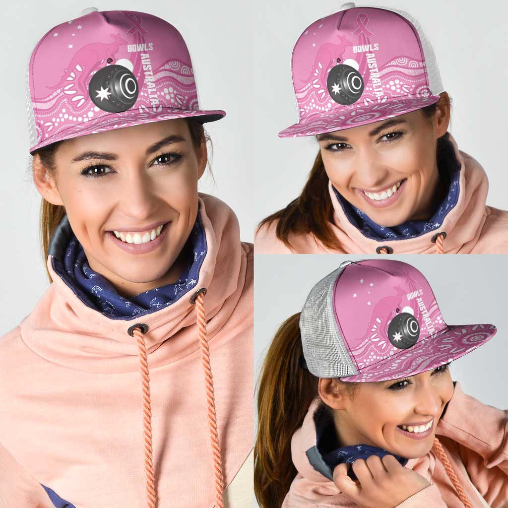 Bowls Australia Breast Cancer Mesh Trucker Cap Pink Ribbon Kangaroo Aboriginal Art - Aussie Hoodie
