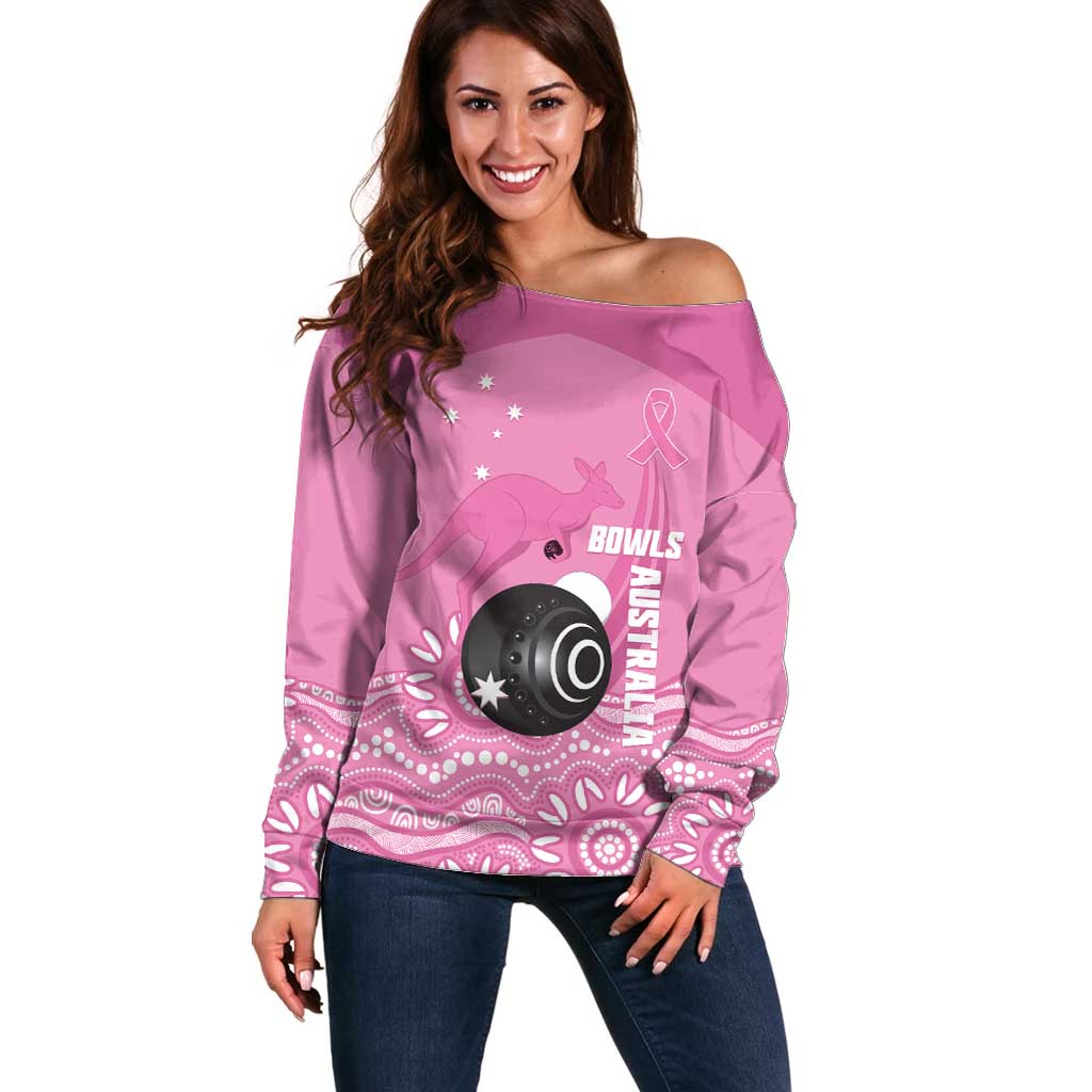 Custom Bowls Australia Breast Cancer Off Shoulder Sweater Pink Ribbon Kangaroo Aboriginal Art - Aussie Hoodie