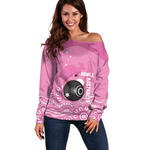 Custom Bowls Australia Breast Cancer Off Shoulder Sweater Pink Ribbon Kangaroo Aboriginal Art - Aussie Hoodie