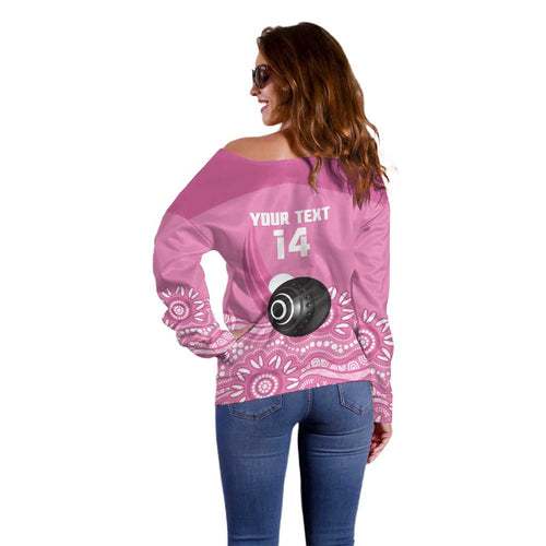 Custom Bowls Australia Breast Cancer Off Shoulder Sweater Pink Ribbon Kangaroo Aboriginal Art - Aussie Hoodie