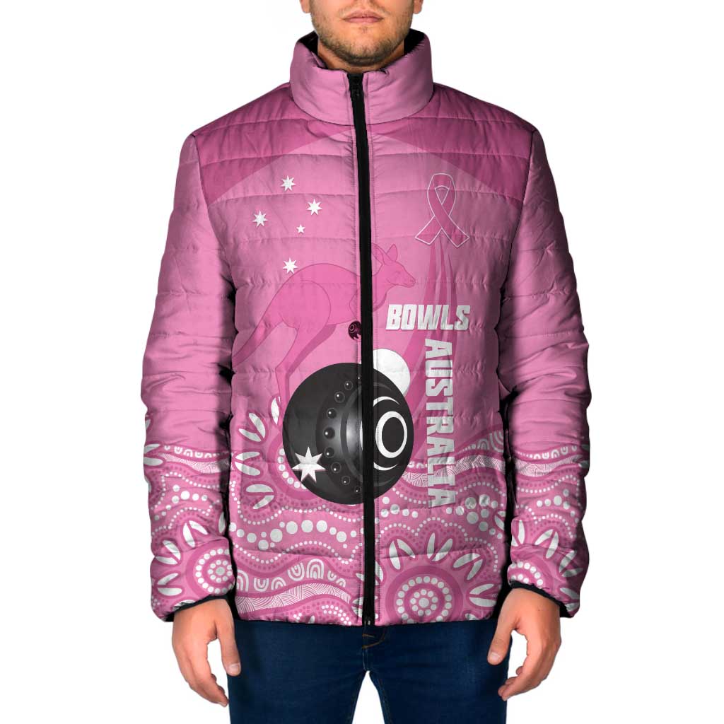 Custom Bowls Australia Breast Cancer Padded Jacket Pink Ribbon Kangaroo Aboriginal Art - Aussie Hoodie