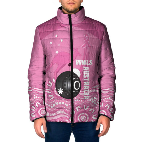 Custom Bowls Australia Breast Cancer Padded Jacket Pink Ribbon Kangaroo Aboriginal Art - Aussie Hoodie
