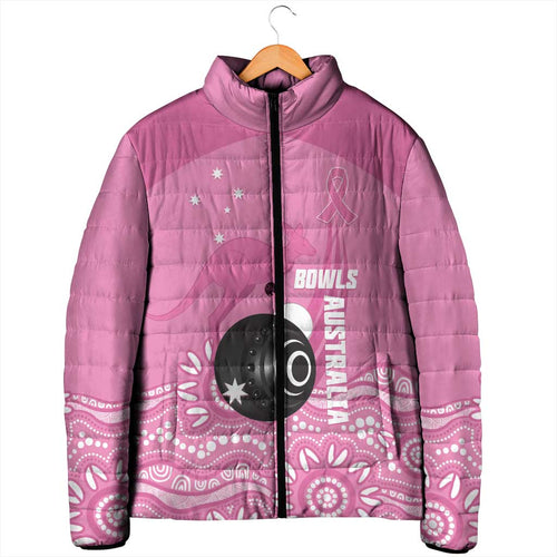 Custom Bowls Australia Breast Cancer Padded Jacket Pink Ribbon Kangaroo Aboriginal Art - Aussie Hoodie
